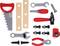 Children's toy tool set with saw, screwdriver, spanner, screws, nut, pliers and tape measure in red and grey.
