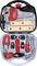 An open toy toolbox with a red saw, pliers, spanner, and other tools neatly arranged.