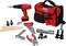 A red toolbox with a drill, saw, screwdrivers, pliers, and screws. Perfect for DIY projects.