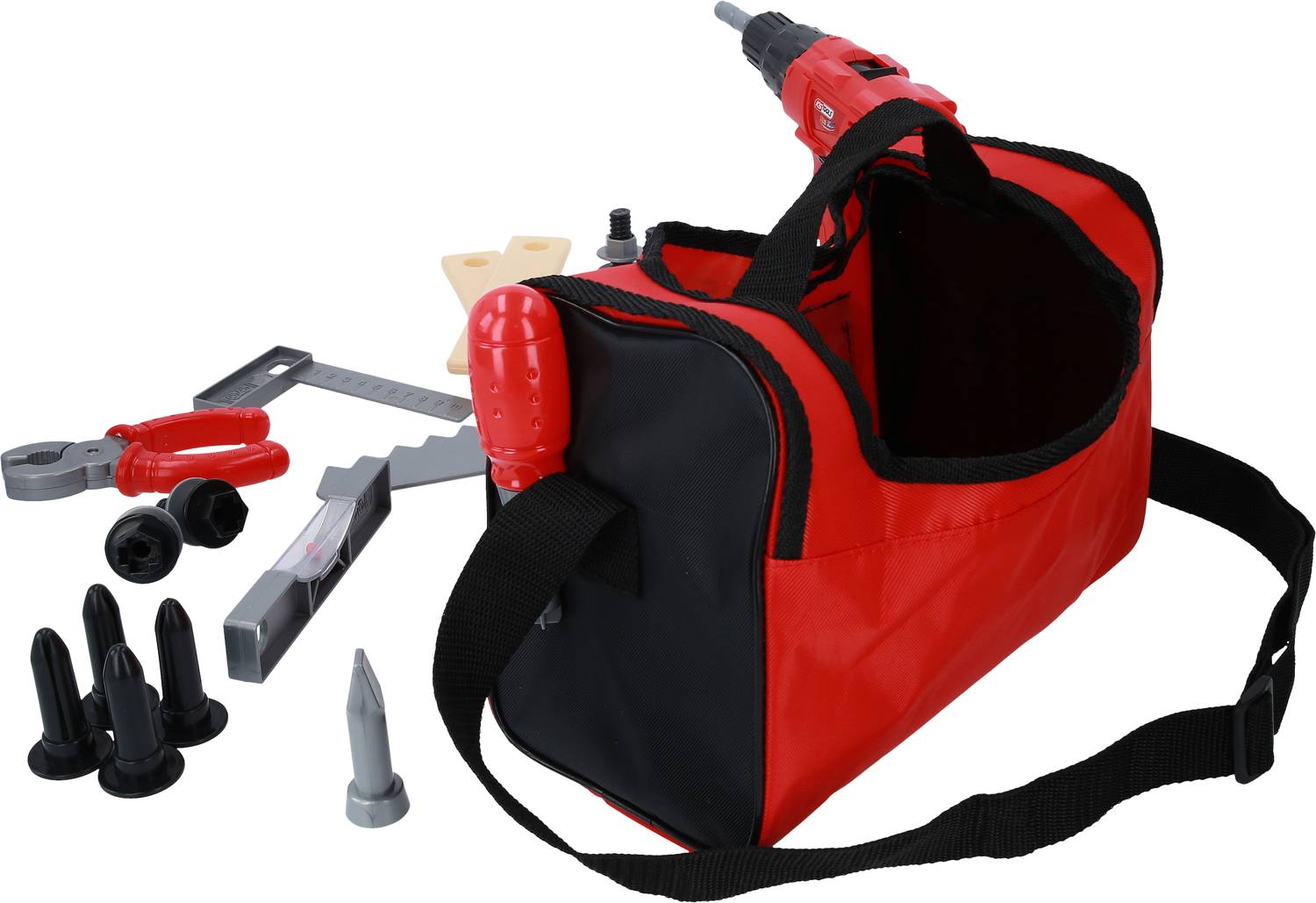 Red tool case with toy tool set, including drill, pliers and screwdriver, on white background.
