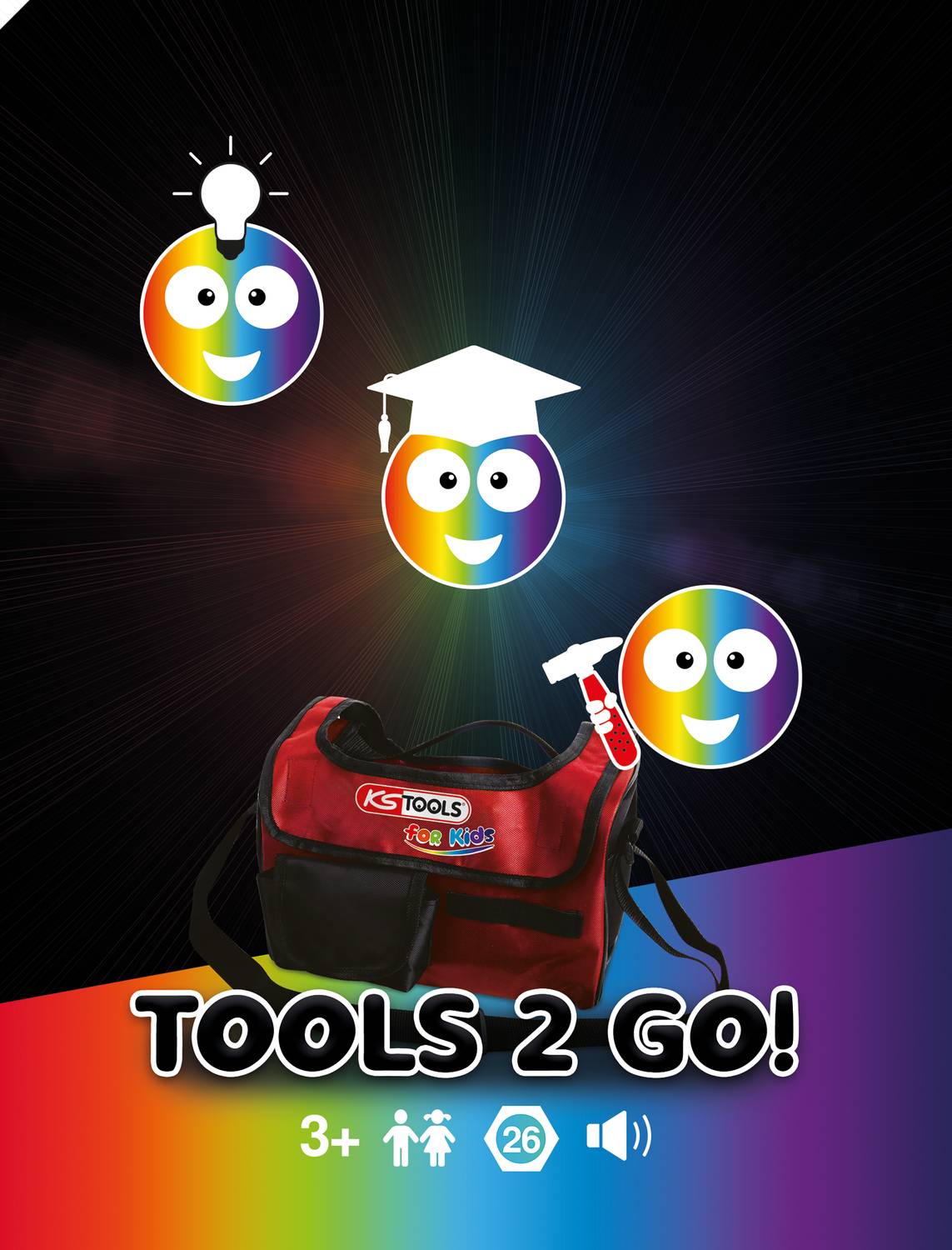'Three colourful icons with faces and symbols hover above a tool bag. Text: "TOOLS 2 GO!" and symbols indicating usage from 3 years of age.'