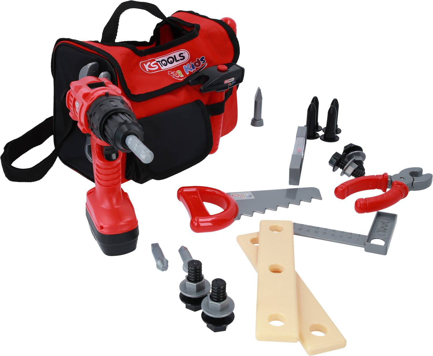 Red children's tool set with drill, saw, spanner, and screws, in a carry bag. Suitable for role play.