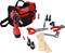 Red children's tool set with drill, saw, spanner, and screws, in a carry bag. Suitable for role play.