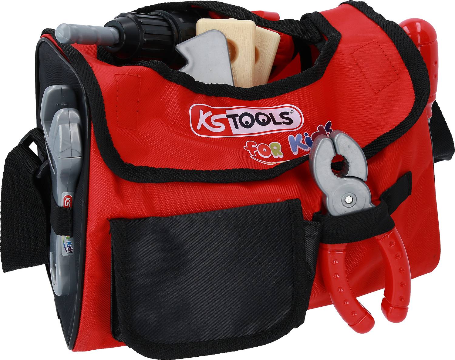 'Red children's tool bag by KS Tools, filled with toy tools such as pliers and screwdriver.'