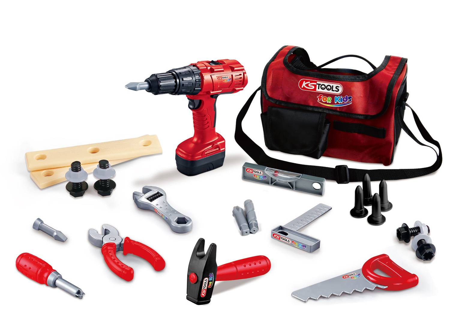 Toy tool set consisting of a red cordless screwdriver, spanners, saw, accessories and a red tool bag.