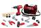 Toy tool set consisting of a red cordless screwdriver, spanners, saw, accessories and a red tool bag.