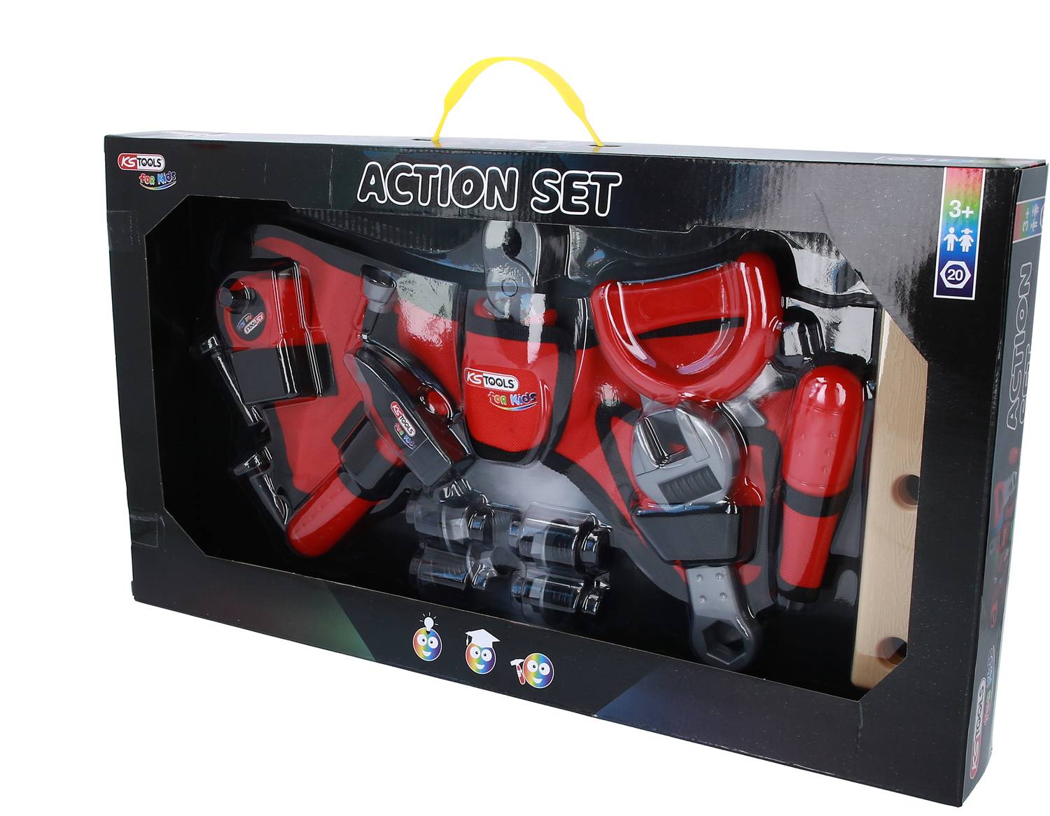 Toy tool set for children aged 3 and over in a package, containing red tools such as a hammer, spanner and screwdriver.