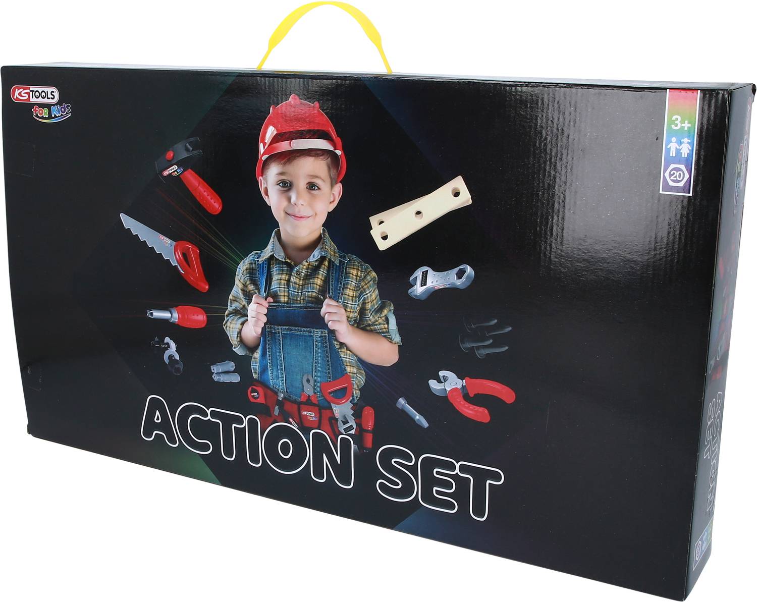 Box with a child in a builder's outfit, surrounded by children's play tools. Text 'Action Set'. Suitable for children aged 3 and above.
