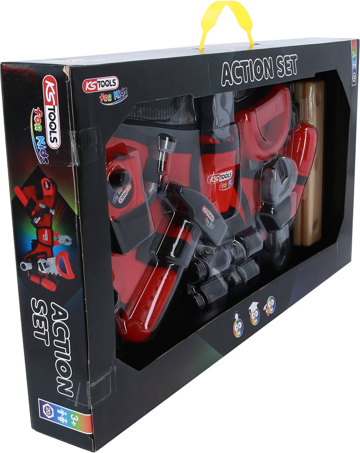 Toy tool set for children in a box with a carry handle, comprising a hammer, screwdriver, saw and additional accessories.