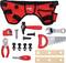 Red toy tool set with belt, comprising hammer, spanner, saw, pliers, screwdriver and tape measure.