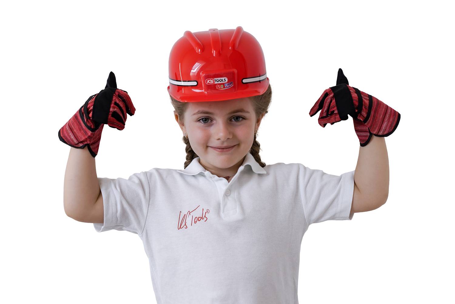 A child wearing a red and white safety helmet and striped gloves raises their arms. They are wearing a white T-shirt with a logo on the chest.