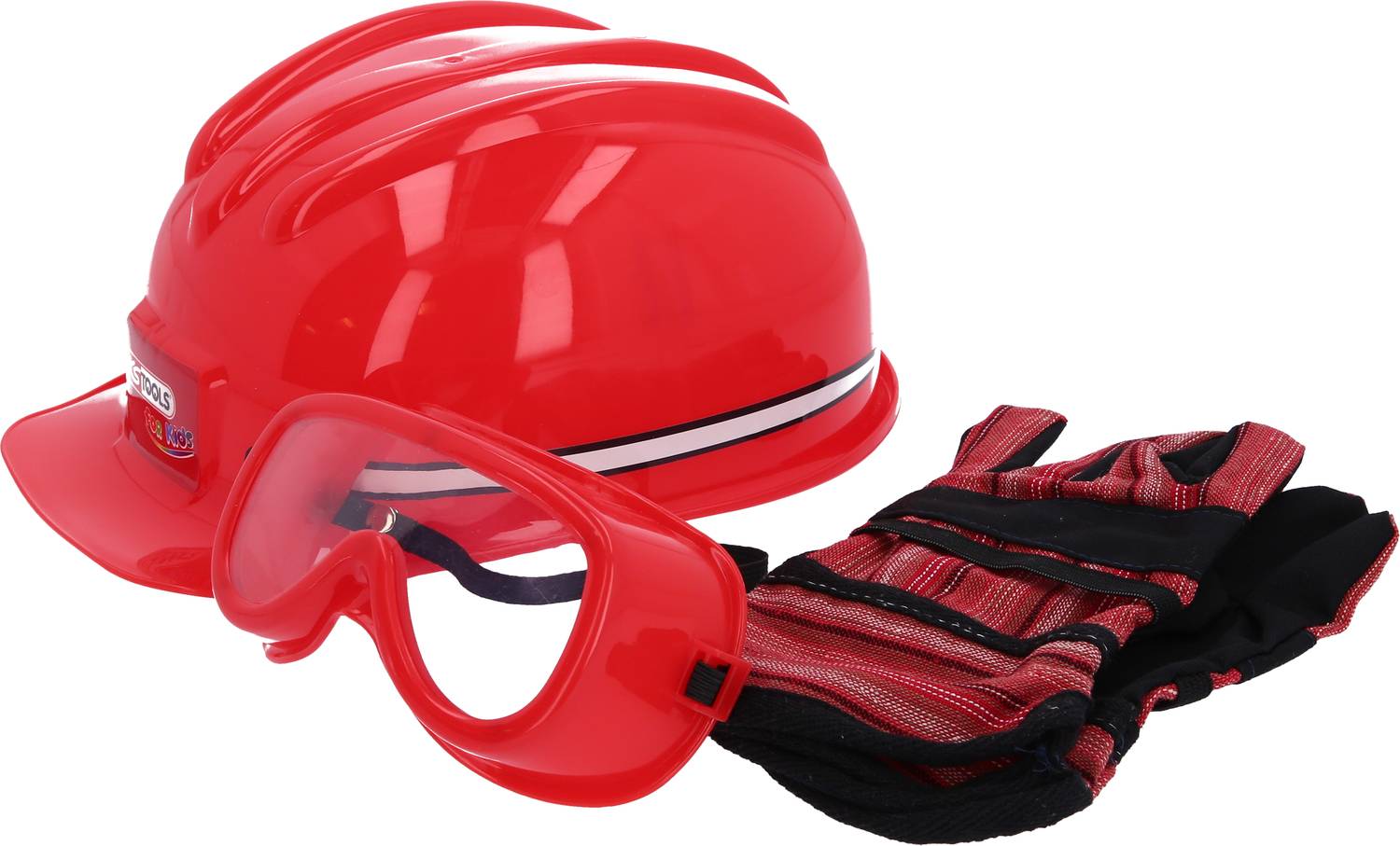 Red hard hat, red safety glasses, and red-black work gloves, arranged side by side. Personal protective equipment for construction sites.