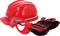Red hard hat, red safety glasses, and red-black work gloves, arranged side by side. Personal protective equipment for construction sites.