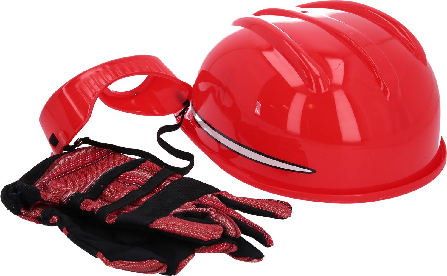 Red safety helmet with chin straps and matching red-black protective gloves side by side. Work equipment for safety.