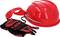 Red safety helmet with chin straps and matching red-black protective gloves side by side. Work equipment for safety.