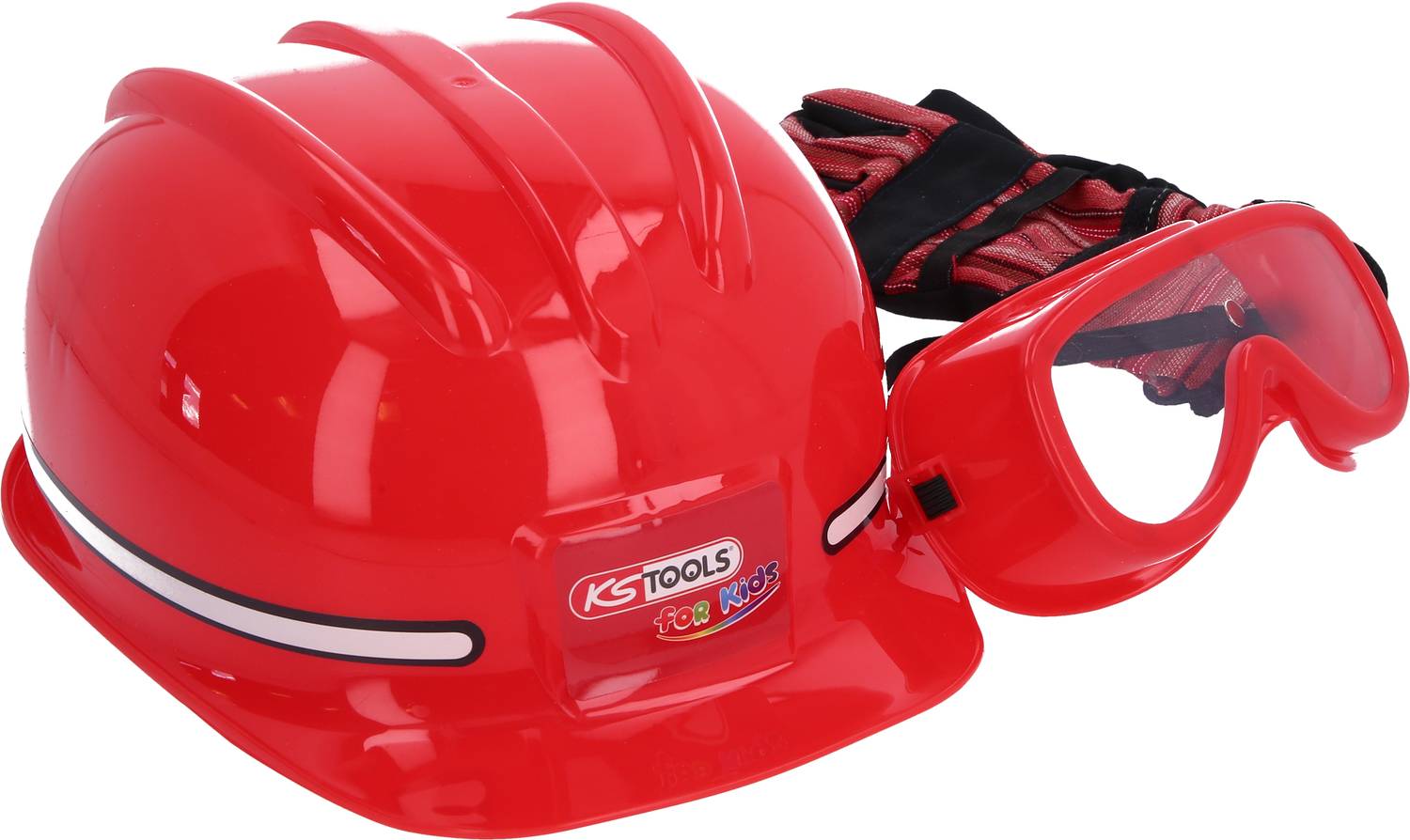 Red hard hat with safety goggles and ear defenders, featuring the KS Tools logo.