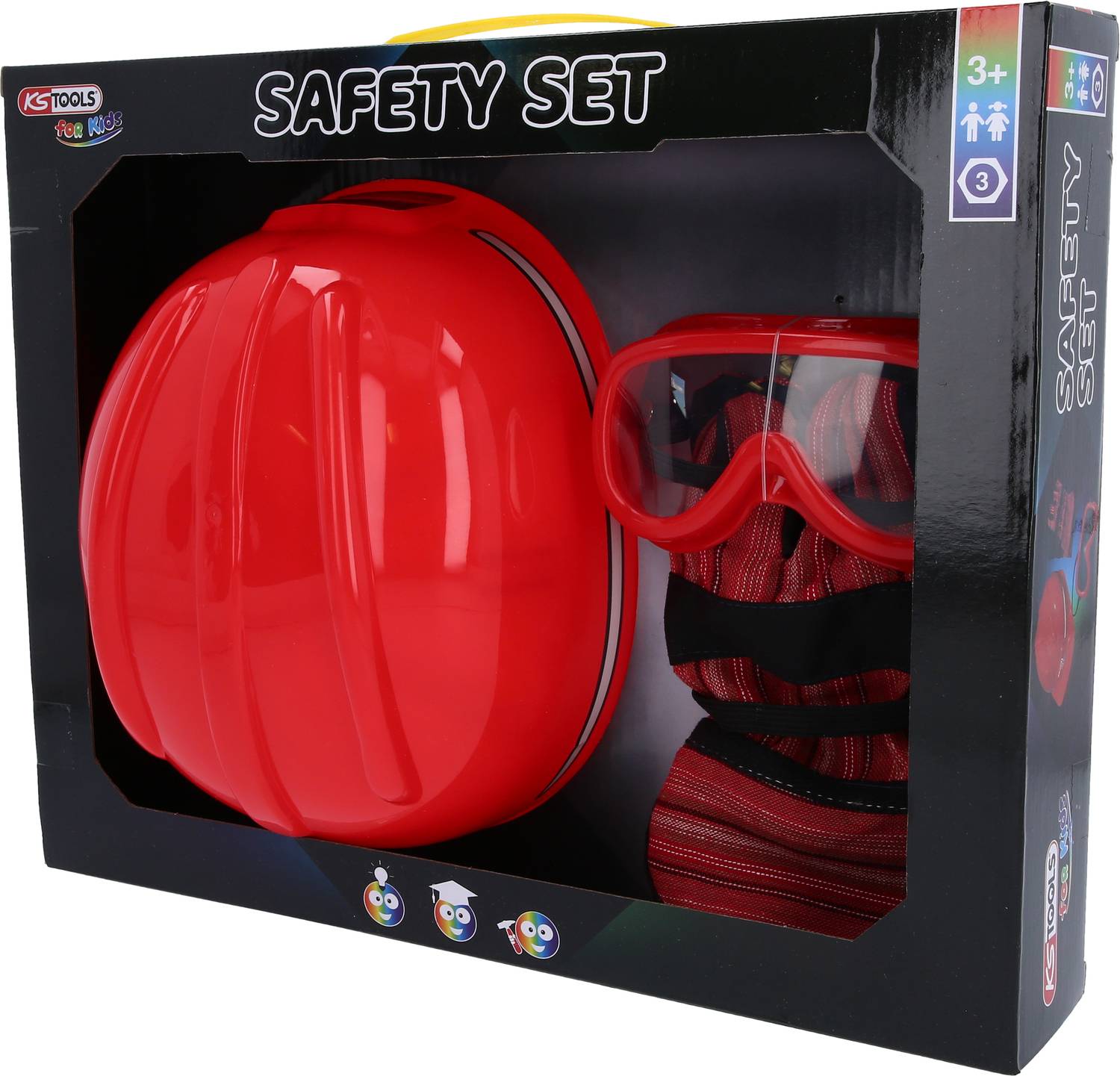 A red safety toy set comprising a helmet, safety goggles, and a high-visibility vest, suitable for children aged 3 and above.