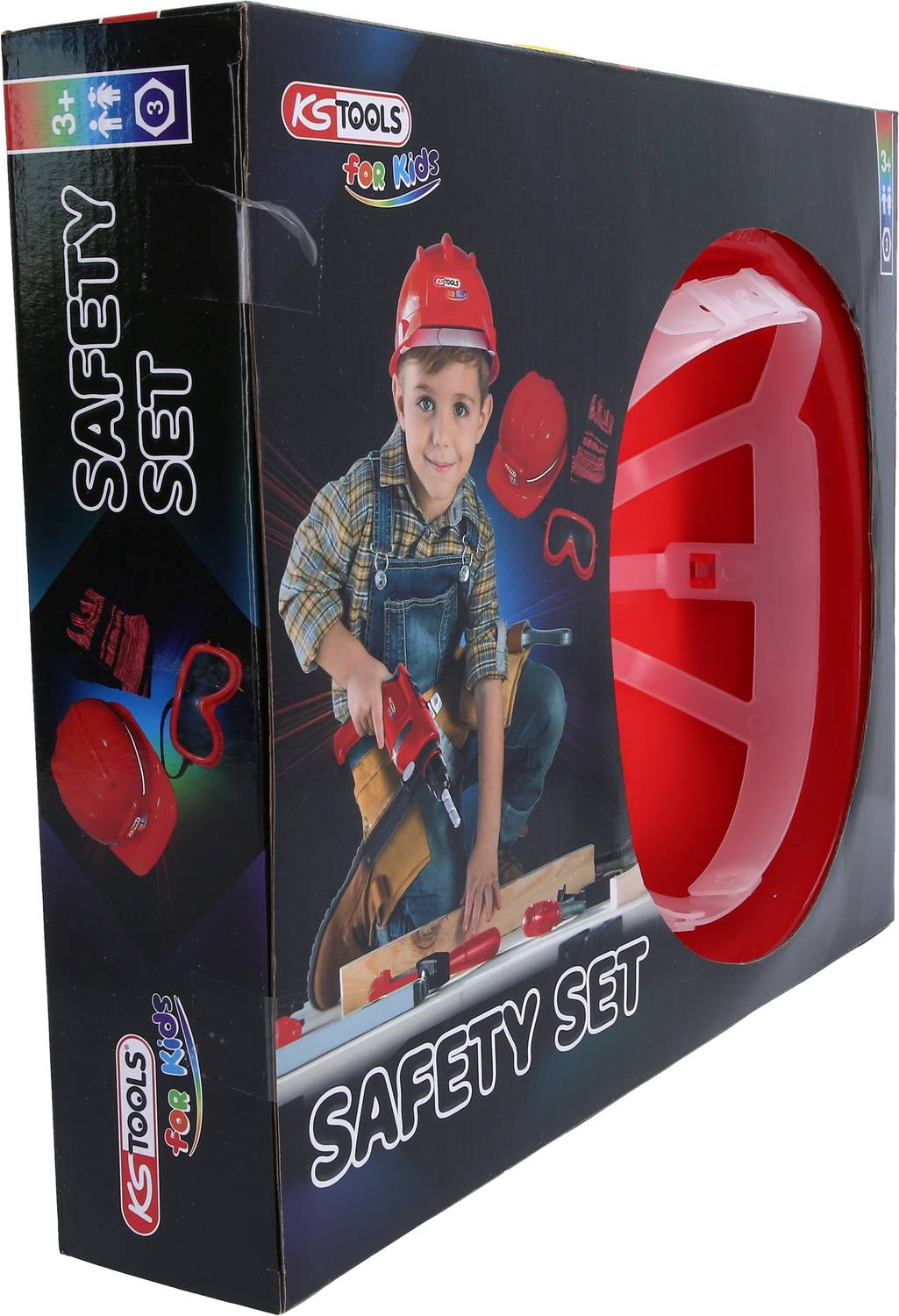 Children's safety kit with safety helmet, protective goggles and gloves. The packaging shows a child wearing workwear.