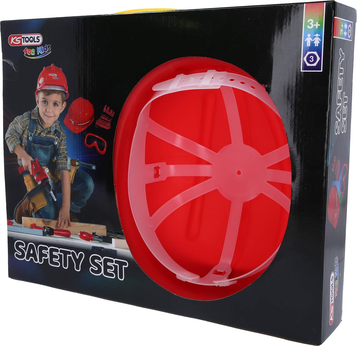 'Children's Safety Set', shows a boy wearing a red helmet and holding toy tools. Packaging includes helmet, safety goggles, and tools.