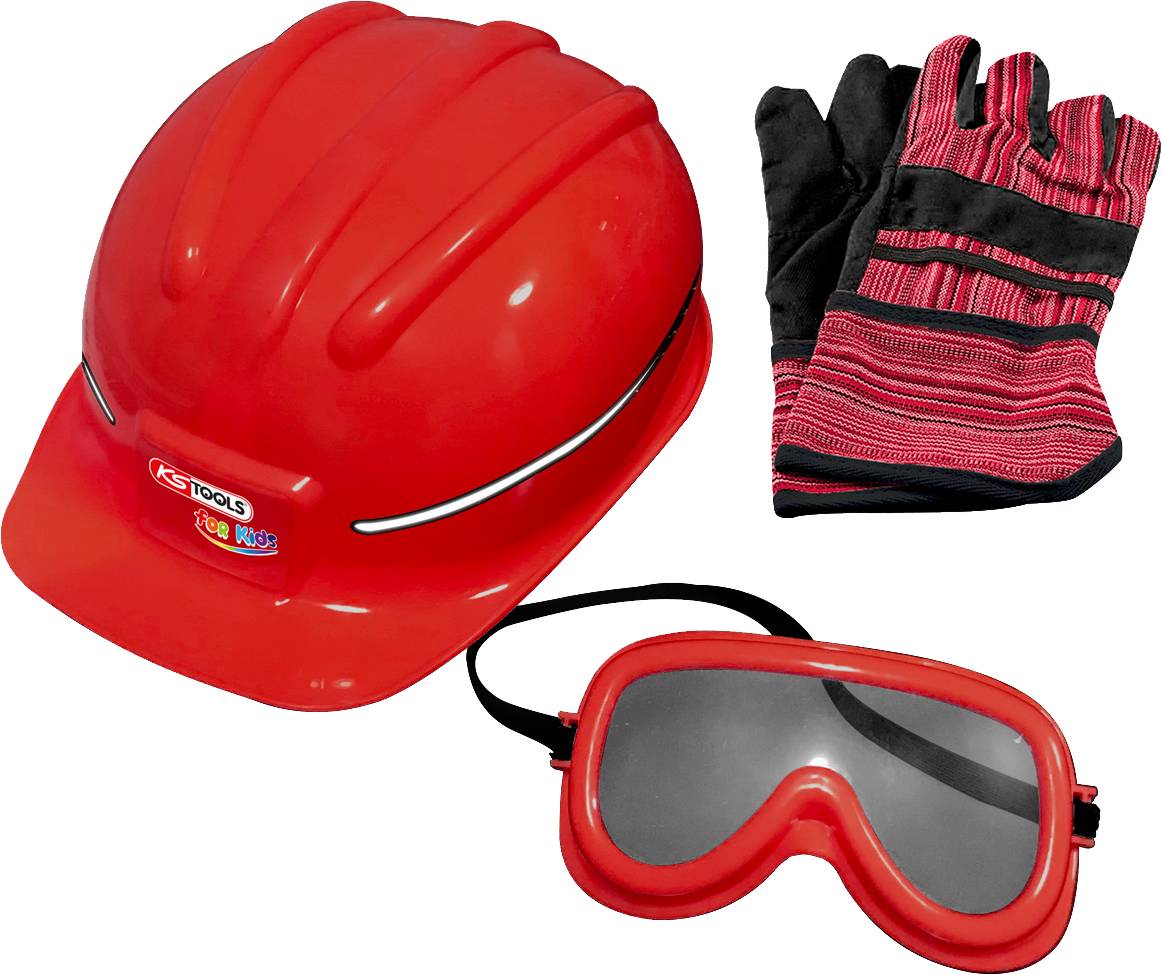 A red safety helmet, safety glasses and work gloves. These are safety elements required for construction work.