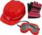 A red safety helmet, safety glasses and work gloves. These are safety elements required for construction work.