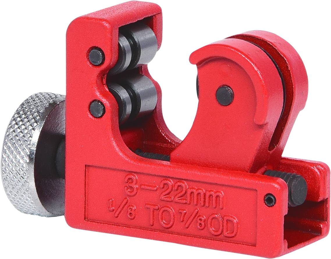 Pipe cutter in red, suitable for pipes with a diameter of 3 to 22 mm. Includes sharp blade and adjustable handle.