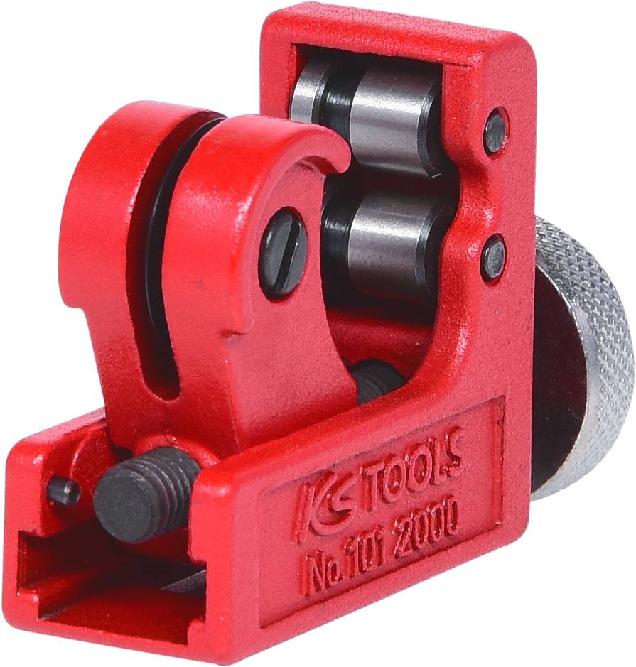 A red pipe cutter with a rotatable handle and two rollers for clean cuts on small metal pipes, suitable for tight spaces.
