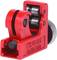 A red pipe cutter with a rotatable handle and two rollers for clean cuts on small metal pipes, suitable for tight spaces.