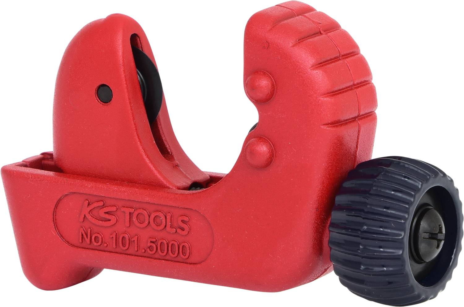 Pipe cutter in red, with black adjustment wheel, engraved 'KS TOOLS' logo and model number on the side.