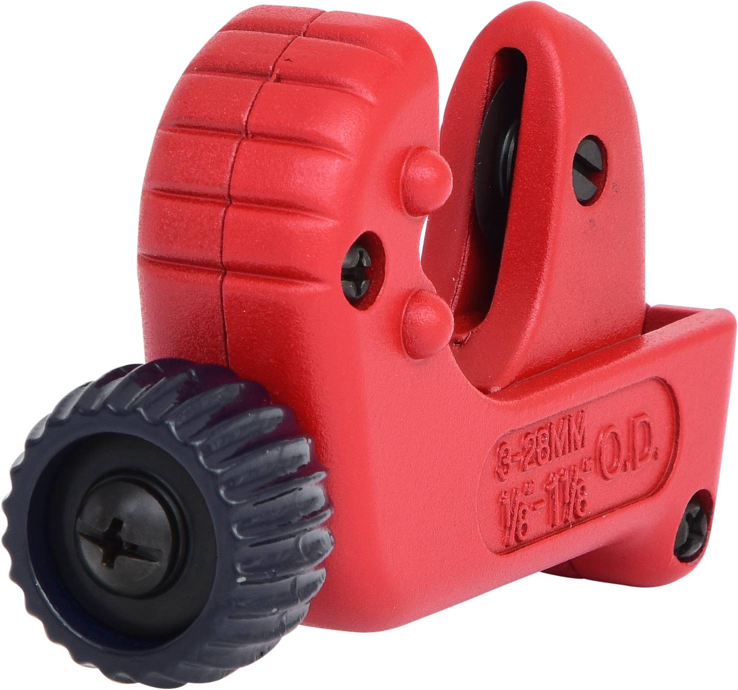 Red pipe cutter with black rotary knob. Suitable for precisely cutting pipes with a diameter of 3 to 28 mm.