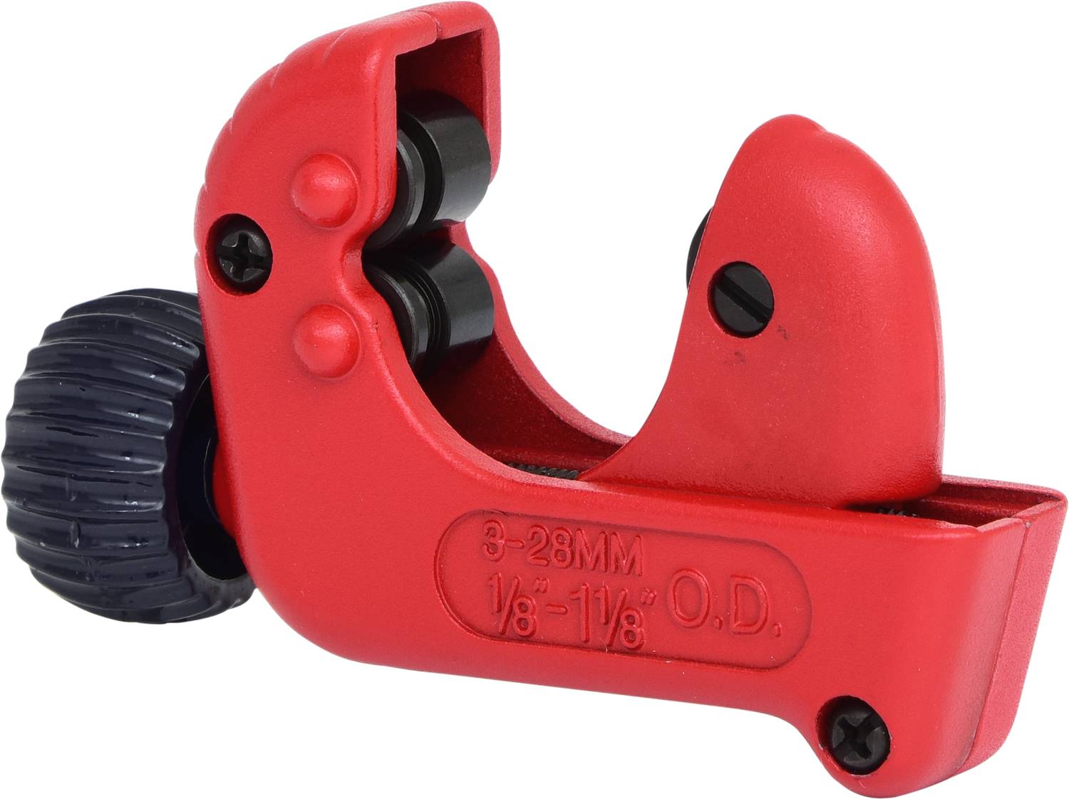 Red pipe cutter with rotatable handle, suitable for pipes with a diameter of 3-28 mm. Ideal for precise cuts in metal pipes.