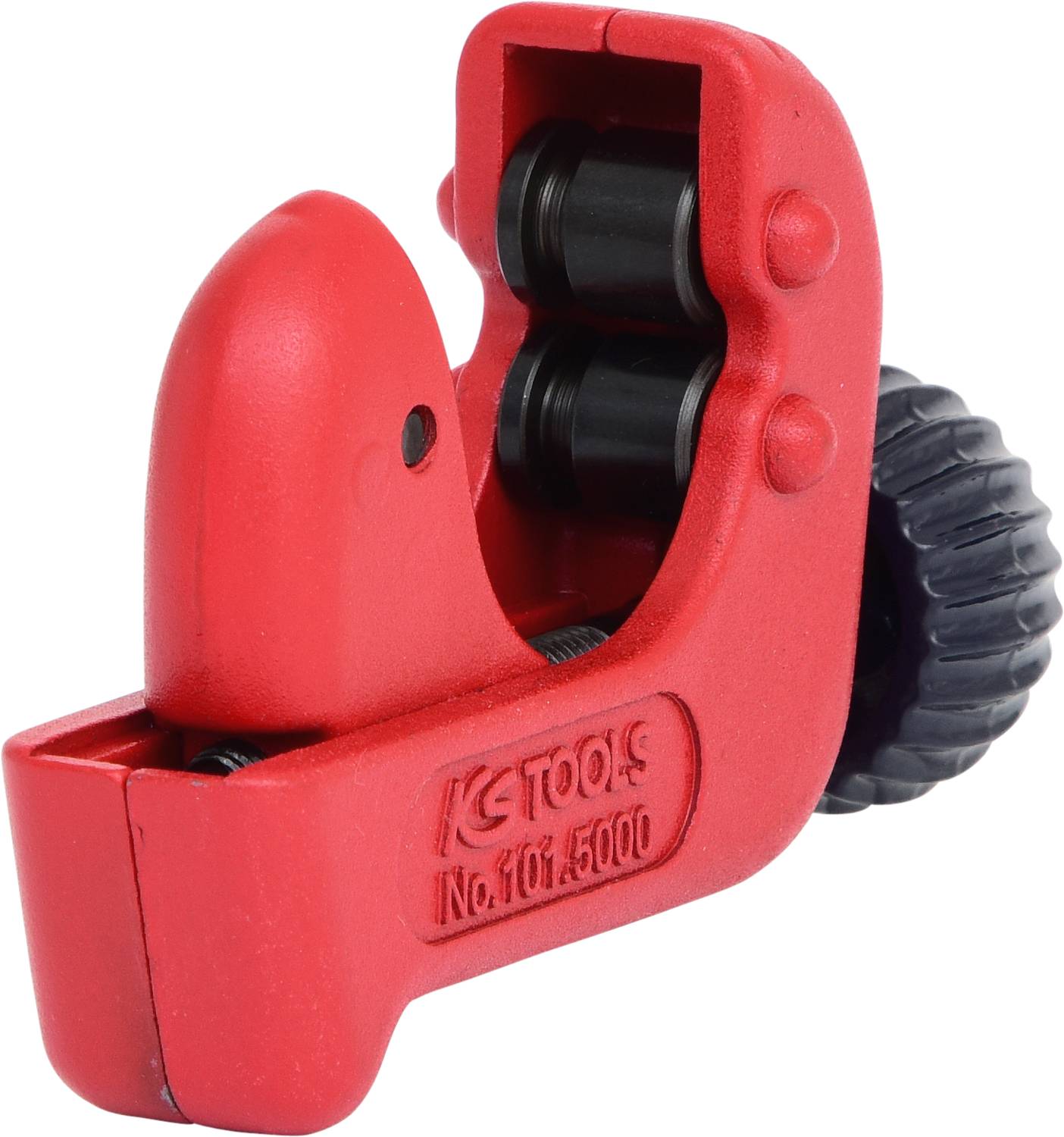 A red metal pipe cutter tool with a black adjustment wheel, suitable for cutting pipes in various sizes.