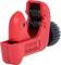 A red metal pipe cutter tool with a black adjustment wheel, suitable for cutting pipes in various sizes.