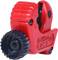 A red pipe cutter with a black rotational mechanism, suitable for cutting pipes, lies on a white background.