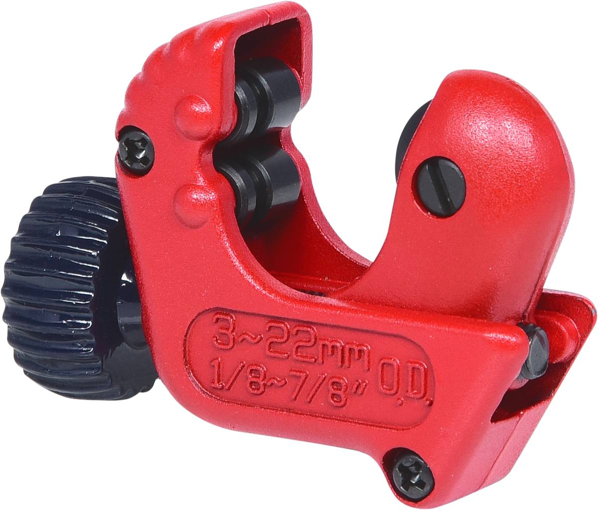 Red pipe cutting tool with black adjustment dial, suitable for diameters of 3 to 22 mm.