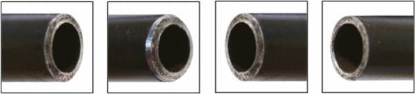 Four pipes with varying burrs at the ends, demonstrating different processing states.