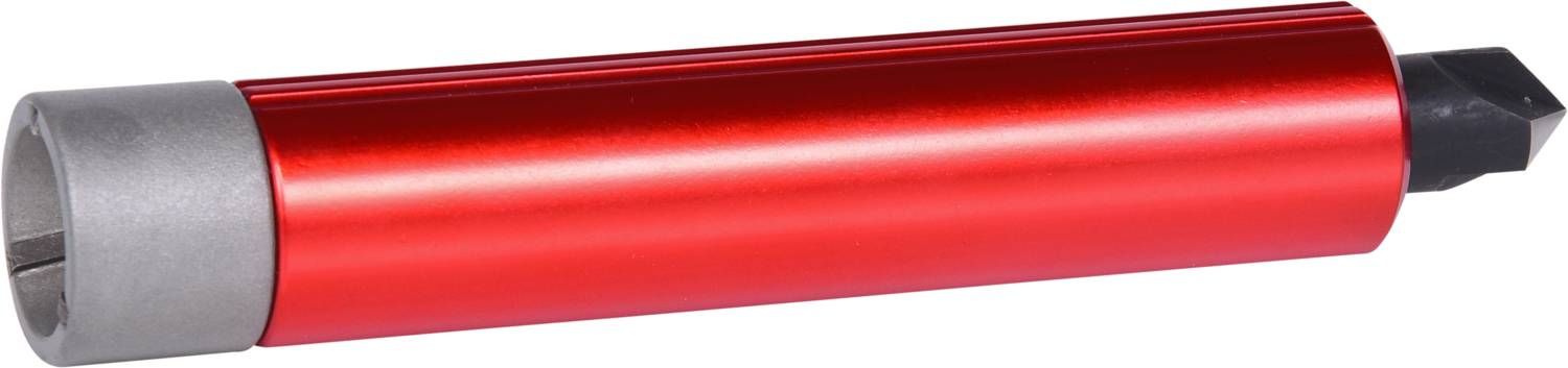 Rotating tool with a red aluminium handle and black blade tip. Suitable for deburring pipes or edges.