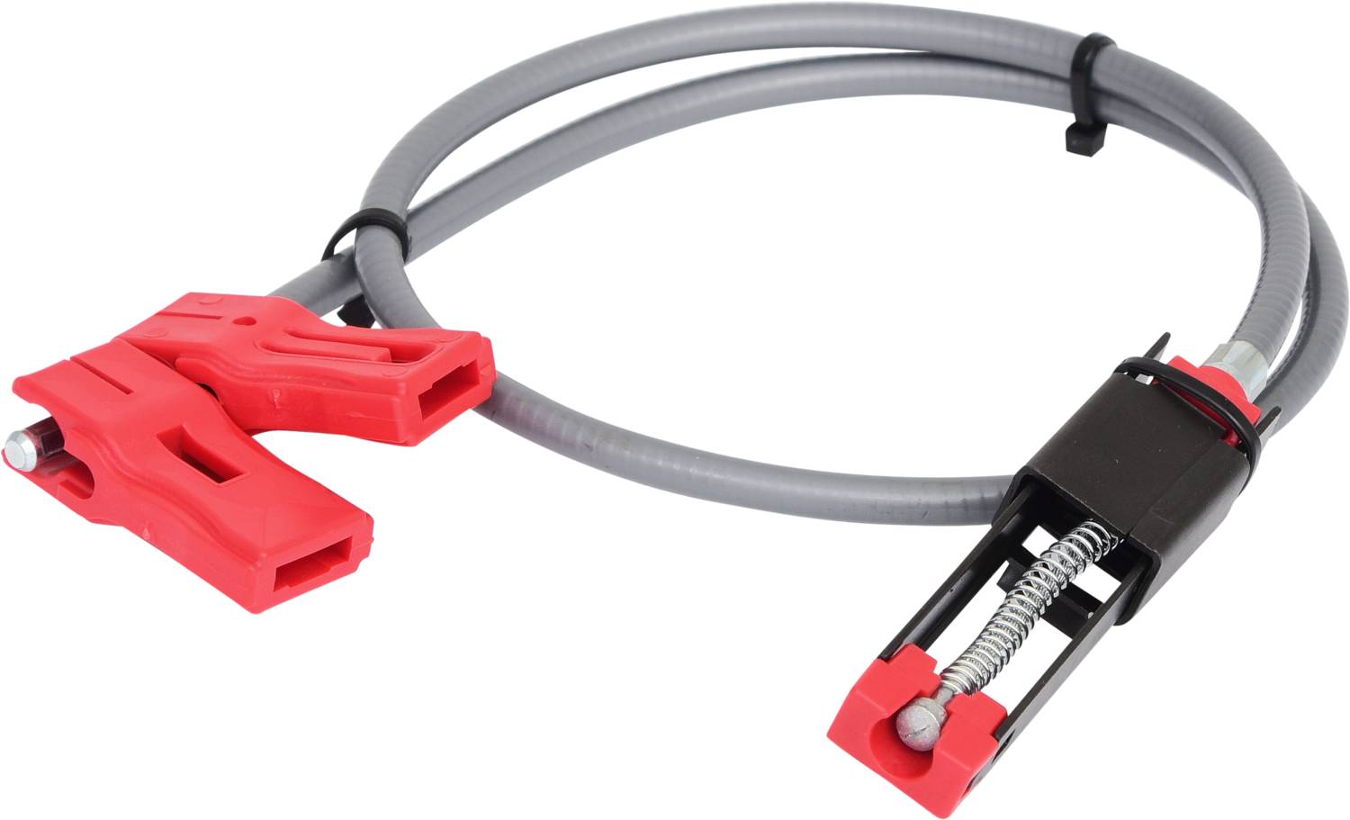 Booster cables with red and black clamps, suitable for jump-starting vehicle batteries.