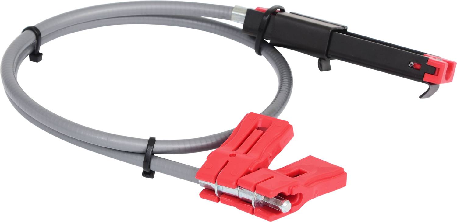 A grey cable with red clips at both ends, commonly used for securing or connecting objects.