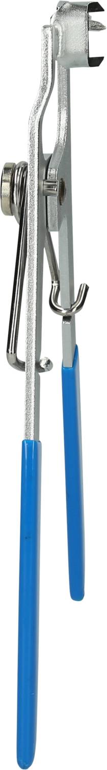 Metal pliers with a hook and blue handles. Suitable for gripping or holding objects.