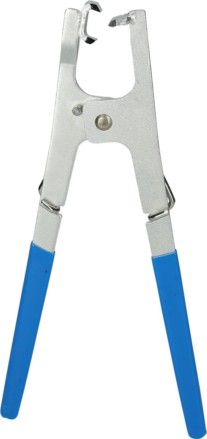 Metal pliers with blue handles, open at the top end.