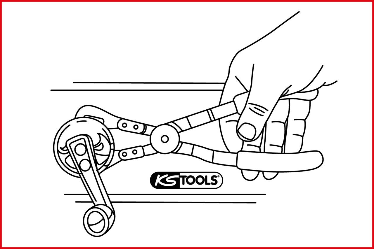A hand is holding a pair of pliers from KS Tools to grip a round object.
