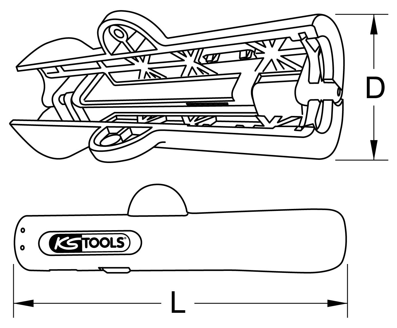 'Technical drawing of a KS TOOLS tool in profile and cross-section view. Dimensions are marked with L and D.'