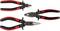 Three different types of pliers with black and red handles. At the top, a side-cutting pliers, in the middle a combination pliers, and at the bottom a needle-nose pliers.