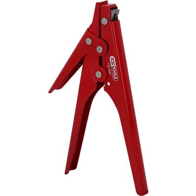 Red lever-type pliers used for gripping or securing objects.