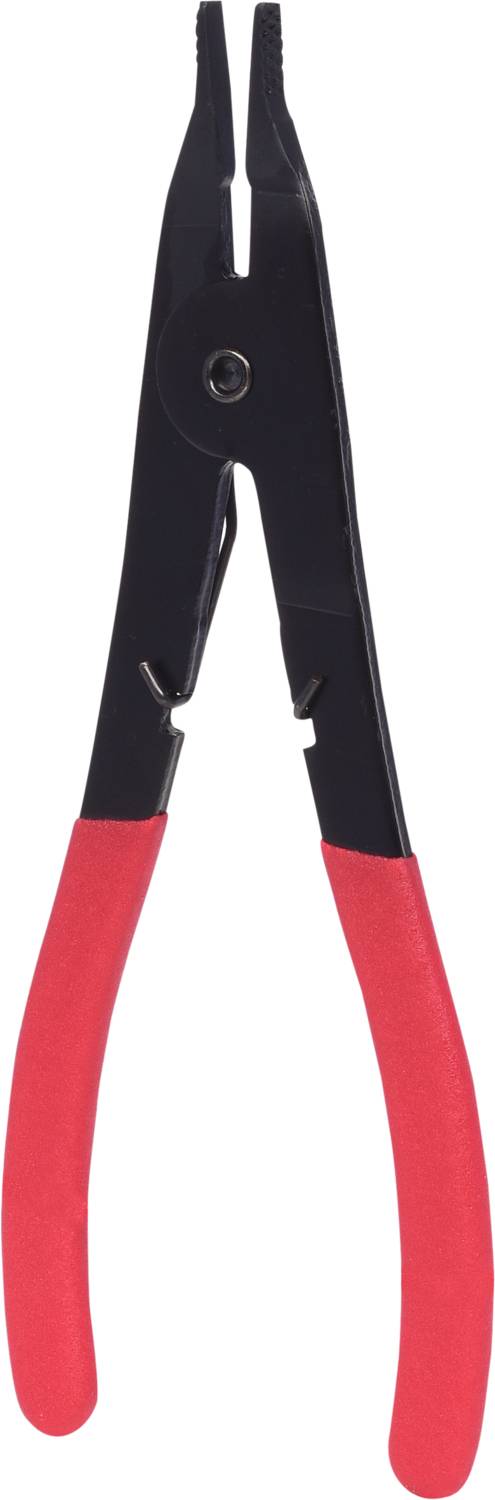 Black pliers with red handles on a white background, depicting a hand tool.