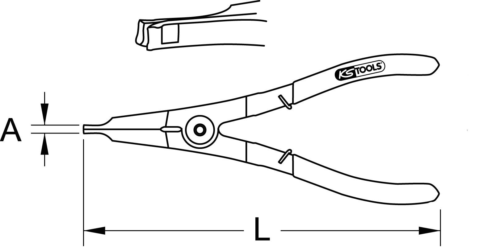 Technical drawing of a pair of pliers with the inscription "KS TOOLS". Dimensions A and L shown to describe the proportional sizes.