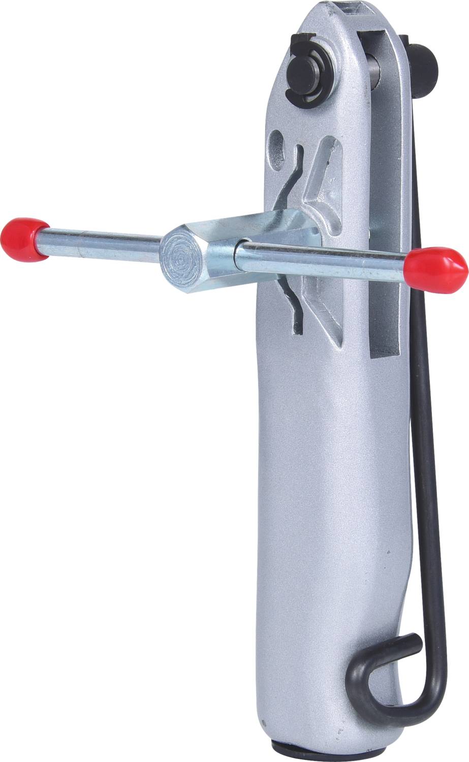 A silver tool with a red, rotatable handle, most likely a bicycle tool for adjusting rims or spokes.