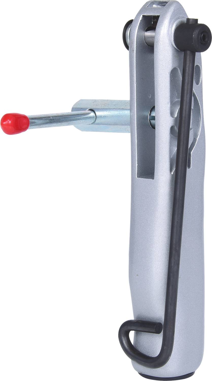 A grey torque wrench with a black handle and red tip. High-angle view of the tool for precise tightening of screws.