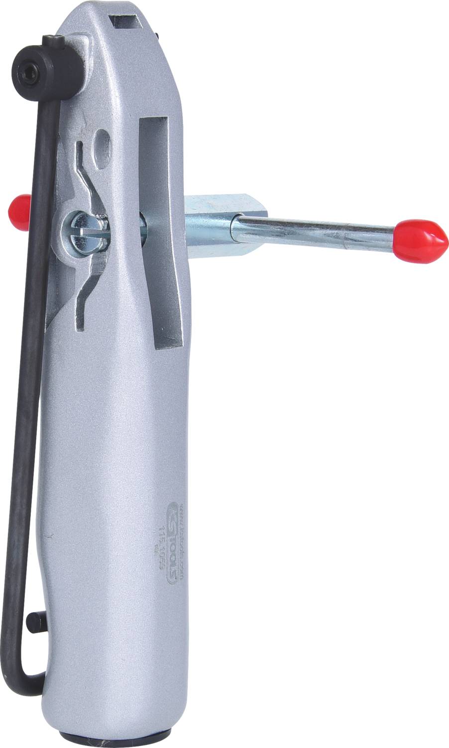 A silver trailer with a red coupling handle for attaching trailers to vehicles.